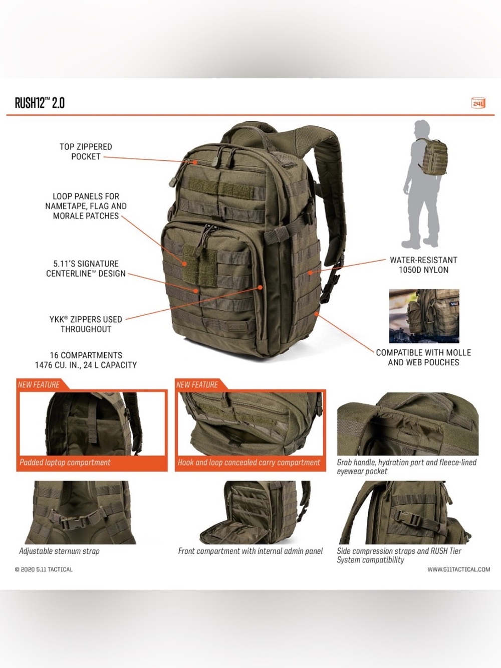5.11 RUSH 2.0 black backpack with molle system and laptop sleeve EXCELLENT